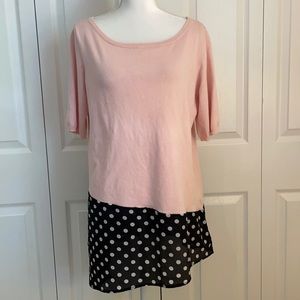 Cyrus Women’s L Pink Pullover Sweater Asymmetrical Bottom Black Polka Dot Layer